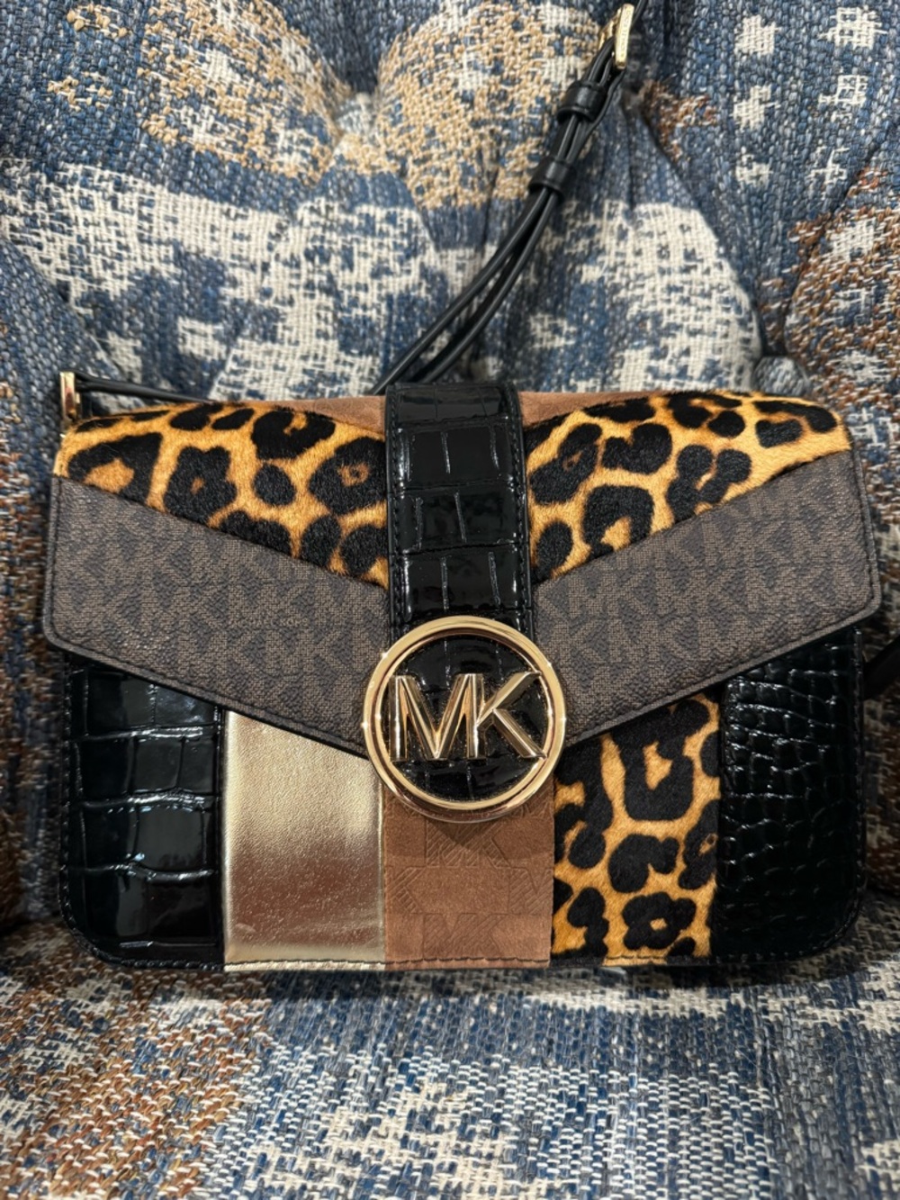 Michael Kors Leopard Print, Black and Gold Crossbody Bag